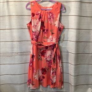 NWT Eliza J Coral Pink Floral Sleeveless Pleated Neck Fit Flare Midi Dress 16